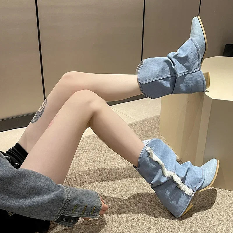 Pleated Blue Denim Chelsea Boots – Women's Square Heel Slip-On Women's Chelsea Boots Axl
