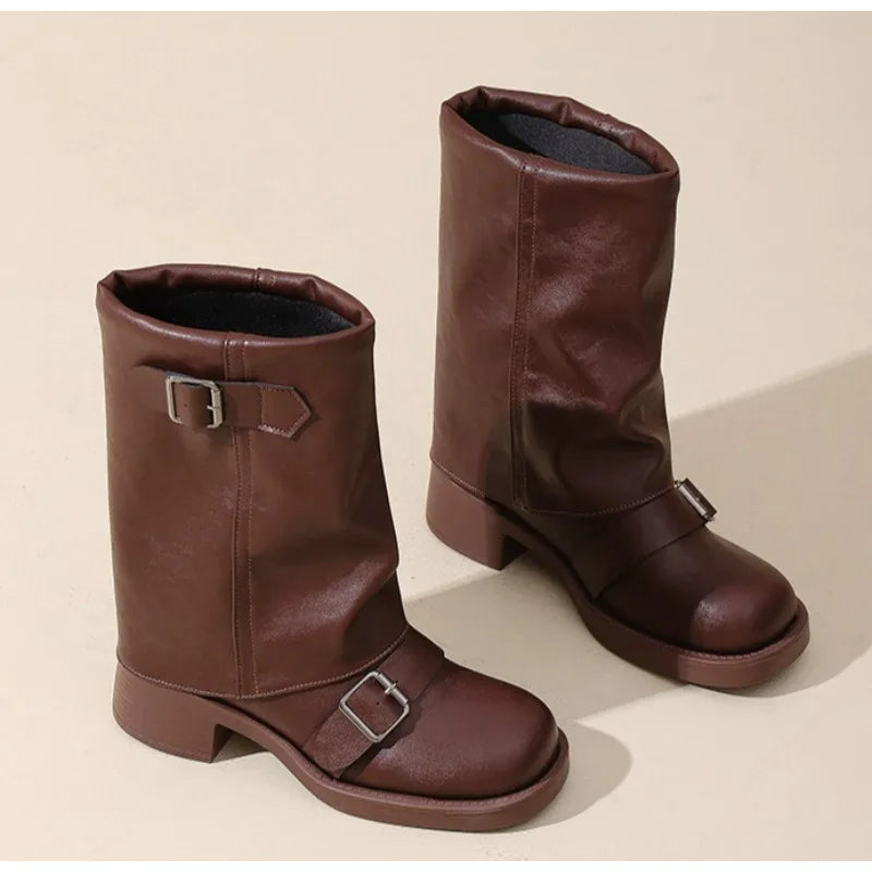 Women's Slip-On Mid-Calf Boots – Retro Block Heel PU Leather Mid-Calf Boots Axl