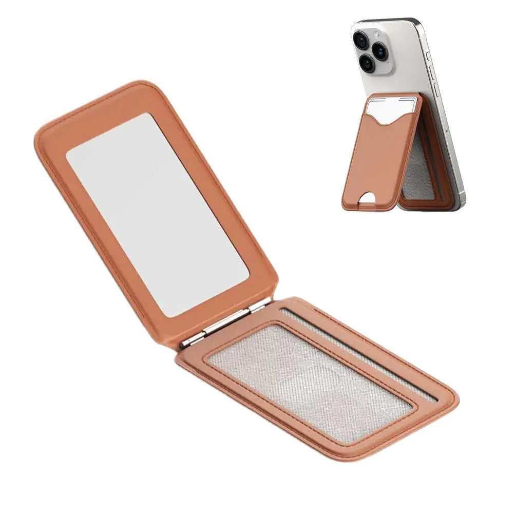Magnetic Card Holder Phone Stand with Mirror | iPhone 12–17 Phone Wallet Stand Axl brown CN