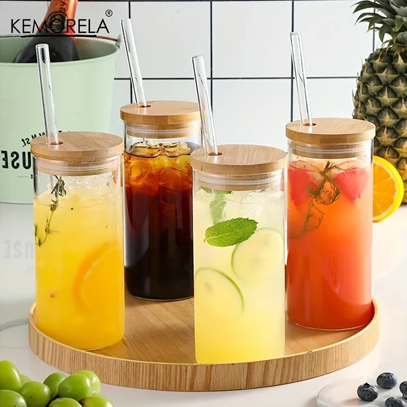 4-Pack 600ml Borosilicate Glass Tumblers with Bamboo Lids & Straws Glass Tumbler Set Axl