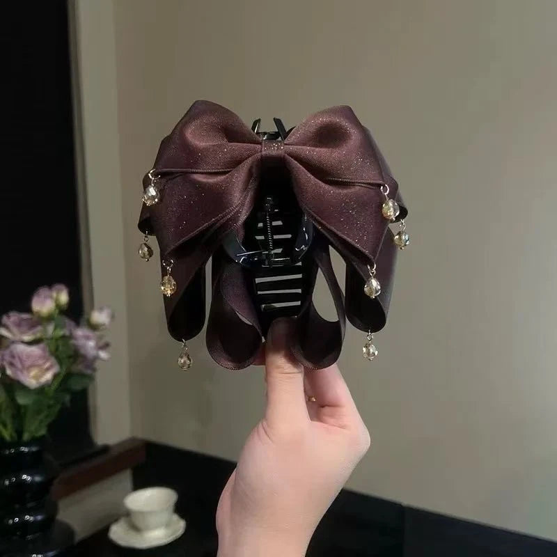French Retro Bow Bead Claw Clip – Women's Fashion Hairpin Hair Claw Clip Axl Coffee