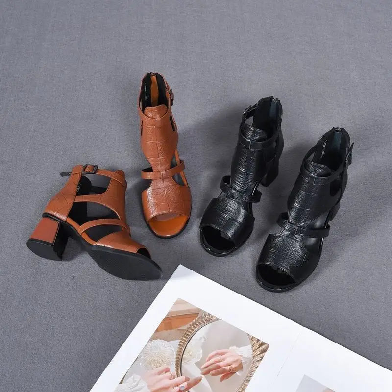 Women's Chunky Heel Open Toe Sandals – Back Zip Roman Style Heeled Sandals Axl