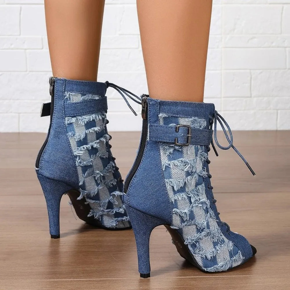 Women's Denim Peep Toe Ankle Boots – High Heel Short Booties Ankle Booties Axl