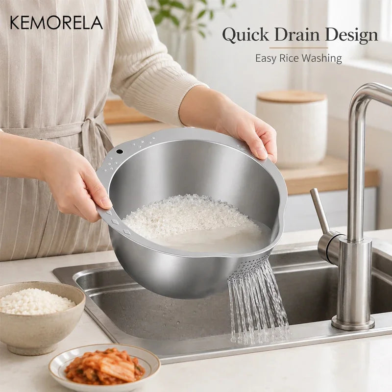 KEMORELA Stainless Steel Rice Washer Bowl & Colander Colander Strainer Bowl Axl