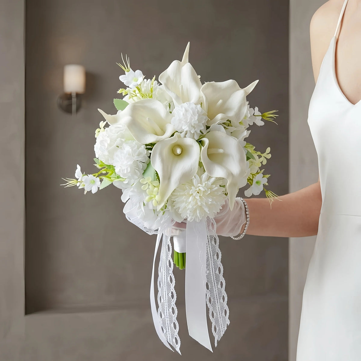 White Calla Lily Hydrangea Bridal Bouquet | Lace Ribbon Artificial Bridal Bouquet Axl White