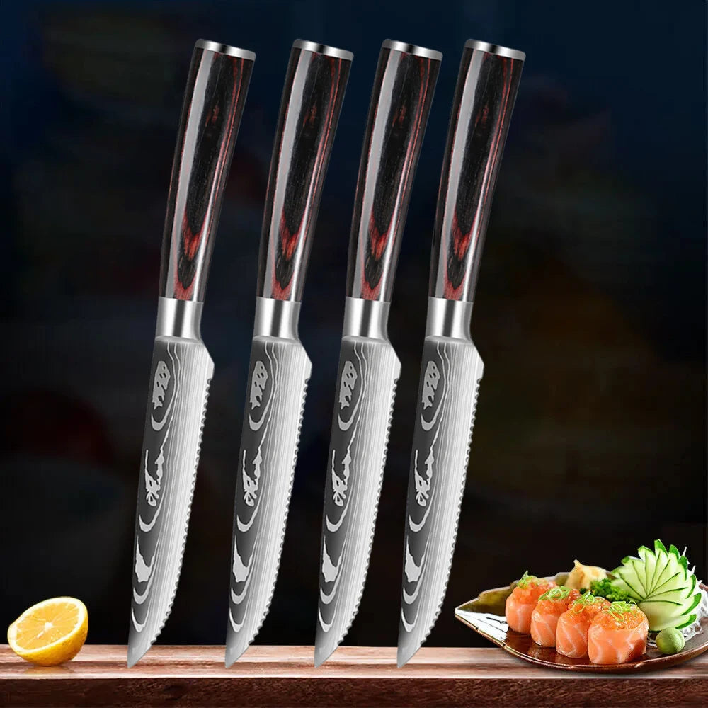 Damascus Steak Knife Set 1–8 Pc | Laser-Pattern Colored Wood Handle Steak Knife Set Axl 4pcs