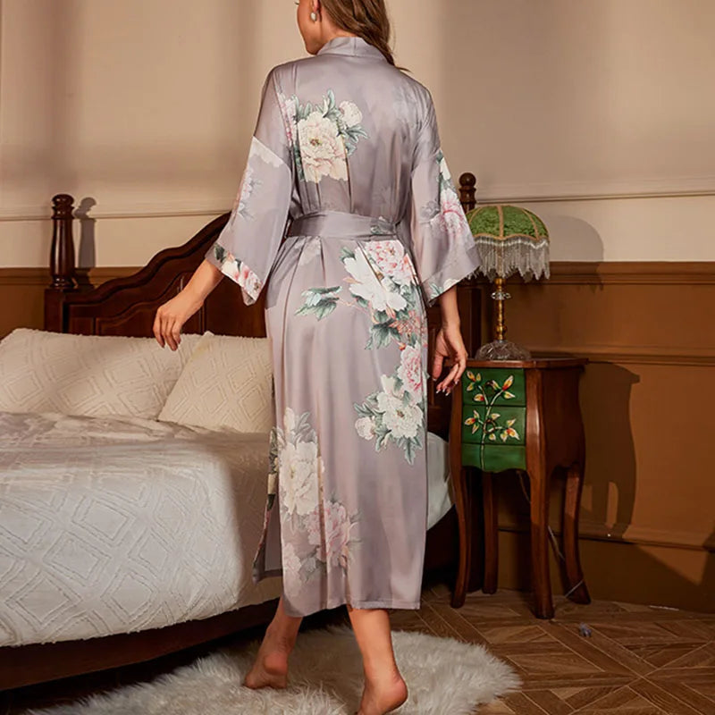 Women's Floral Satin Kimono Robe – Lace-Up Silk Bathrobe Satin Kimono Robe Axl