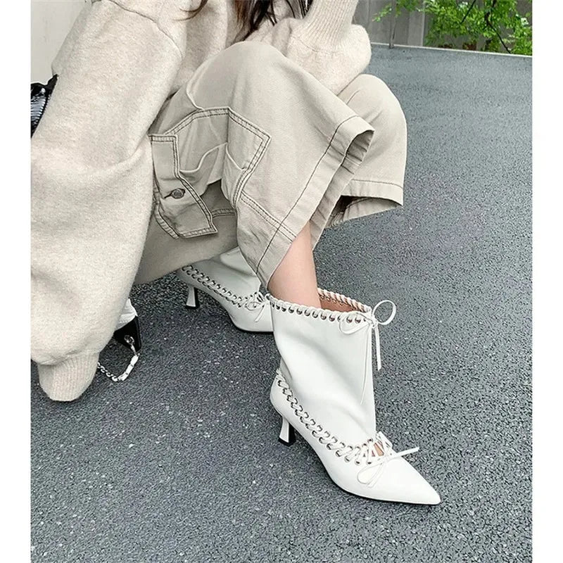 Women's Pointed Toe Kitten Heel Ankle Boots – Bowknot Kitten Heel Booties Axl