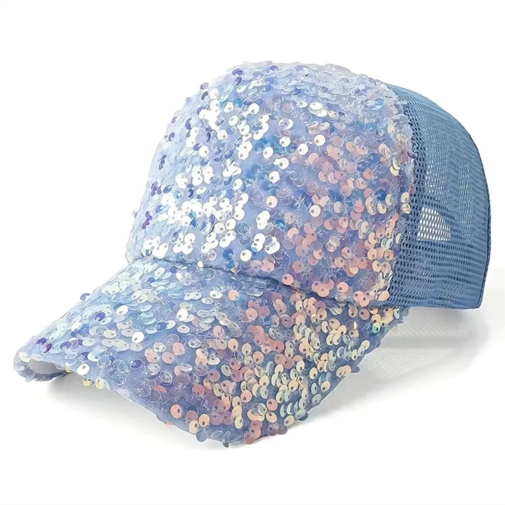Sequin Baseball Cap – Shiny Glitter Peaked Sun Hat for Women Sequin Baseball Cap Axl Sky Blue