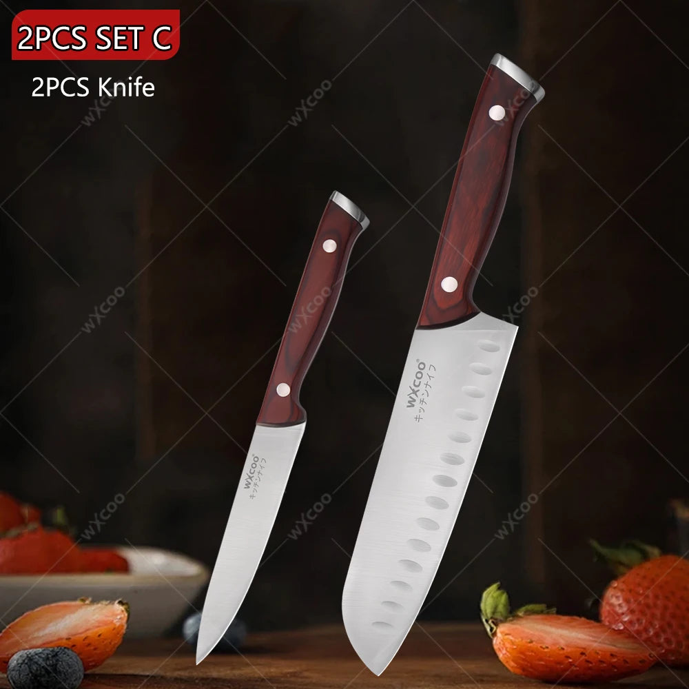 WXCOO Japanese Santoku Knife | Wooden Handle Kitchen Knife Kitchen Knife Axl 2PCS C