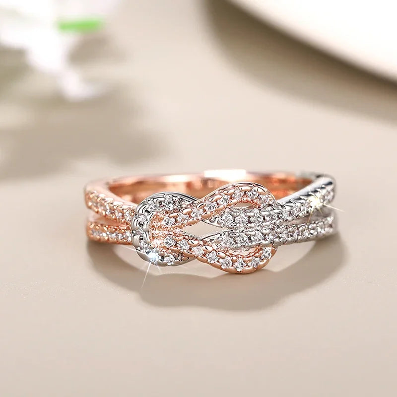Huitan Two-Tone Twisty Knot CZ Ring – Women's Wedding Band Fashion Ring Axl T0571 6