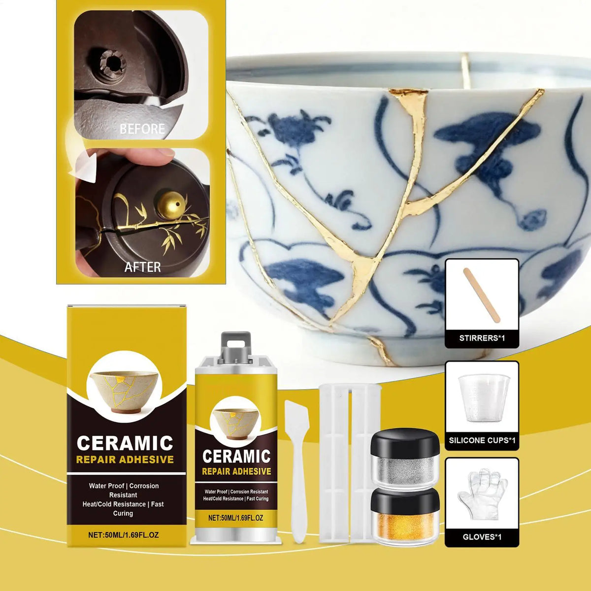 Kintsugi Gold Ceramic Repair Kit – Food Safe Pottery Glue Ceramic Repair Kit Axl