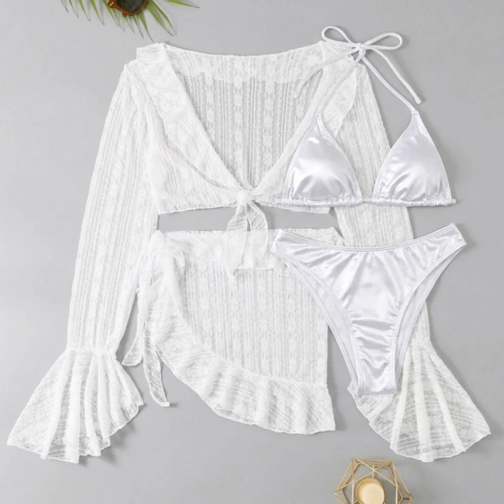 4-Piece Women's Brazilian Bikini Set with Long-Sleeve Cover-Up Women's Bikini Set Axl White S