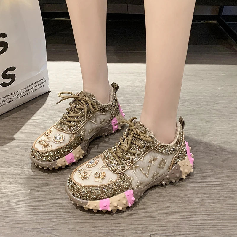 Women's Rhinestone Sneakers – Thick Sole Lace-Up Walking Shoes Women's Sneakers Axl