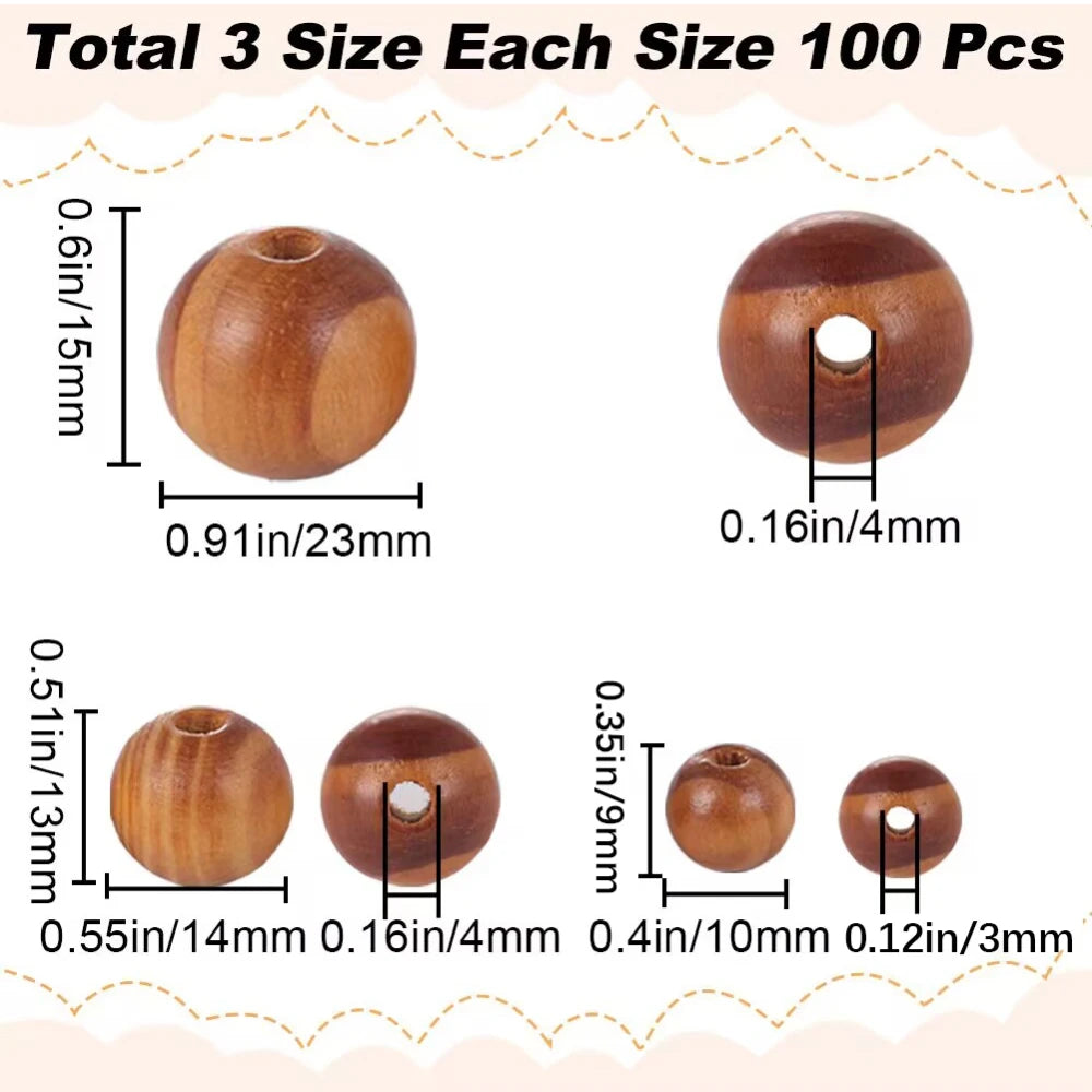300Pcs Natural Wood Beads – 3 Sizes Round Wooden Spacer Beads Wooden Craft Beads Axl AECH04-06343