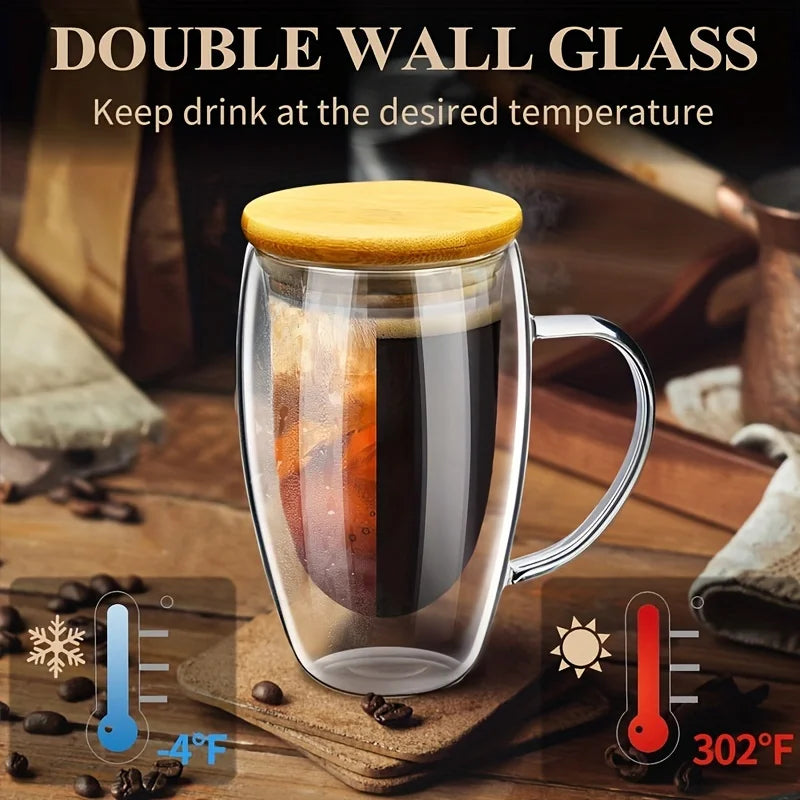 Double Wall Glass Coffee Mugs Set of 2 with Lid & Spoon | KEMORELA Glass Coffee Mug Set Axl