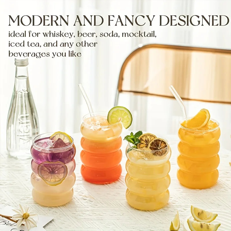 Caterpillar Wave Glass Cups with Straws | Iced Coffee & Drinks Glass Drinkware Set Axl
