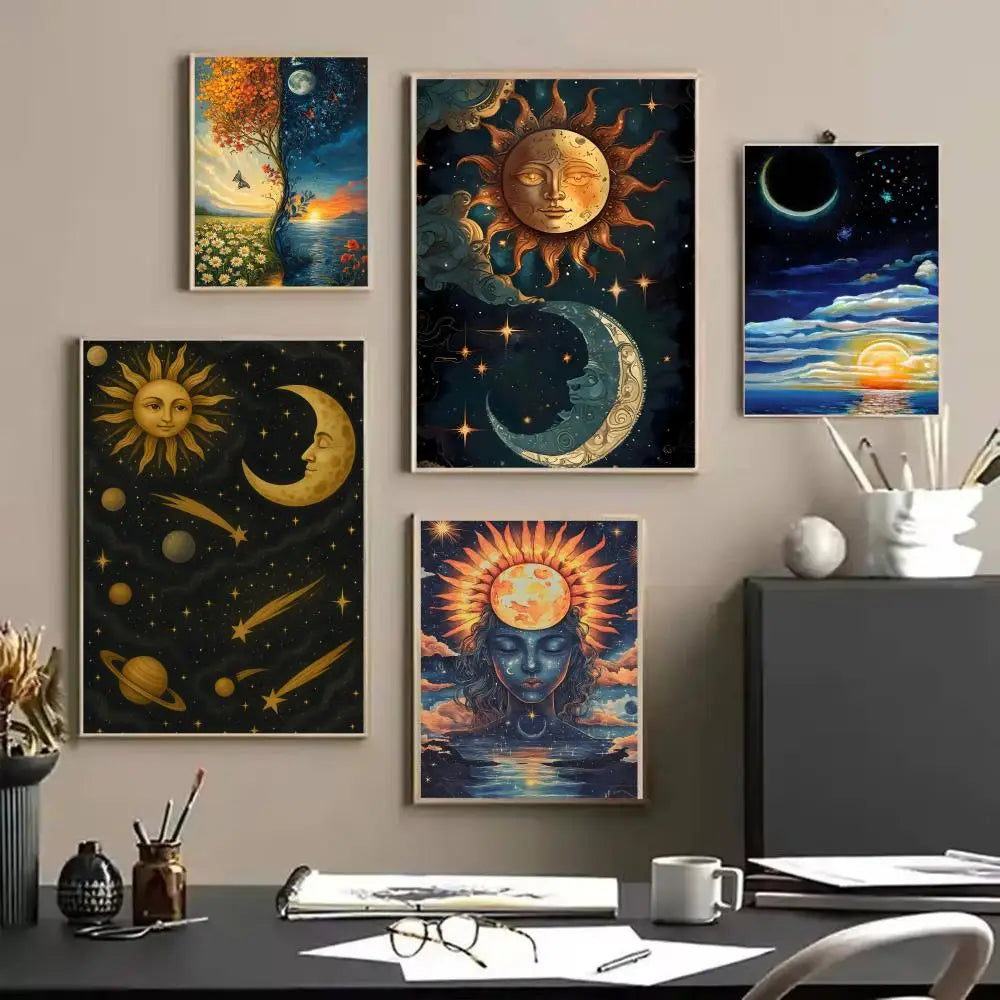 Sun Moon Elegant Canvas Wall Art – Vintage Floral Poster Print Canvas Wall Art Axl
