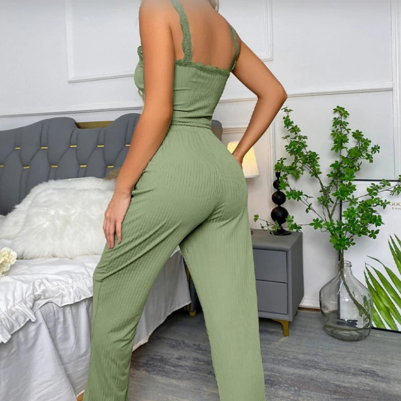 Women's Lace Trim 2-Piece Pajama Set – Soft Spaghetti Strap Sleepwear Pajama Set Axl