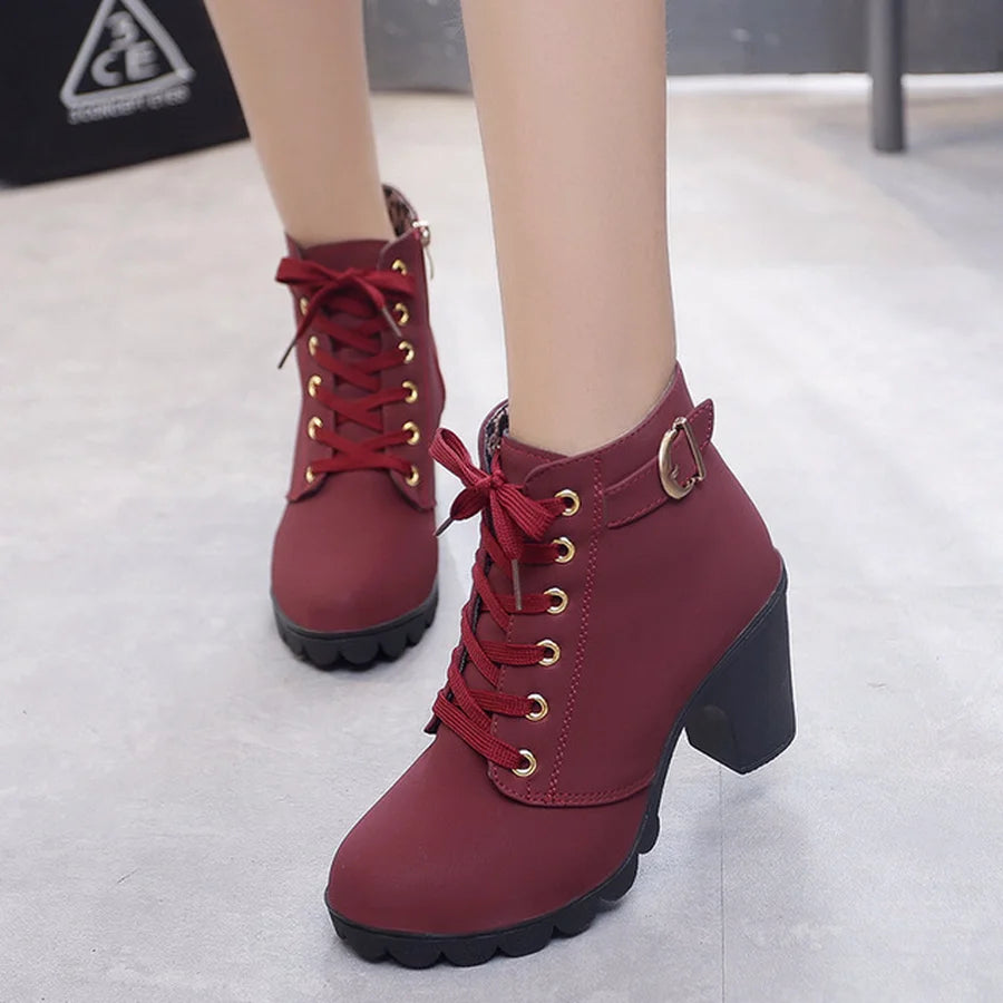 Women's Lace-Up Ankle Boots | Square Heel Platform Booties Heeled Ankle Boots Axl
