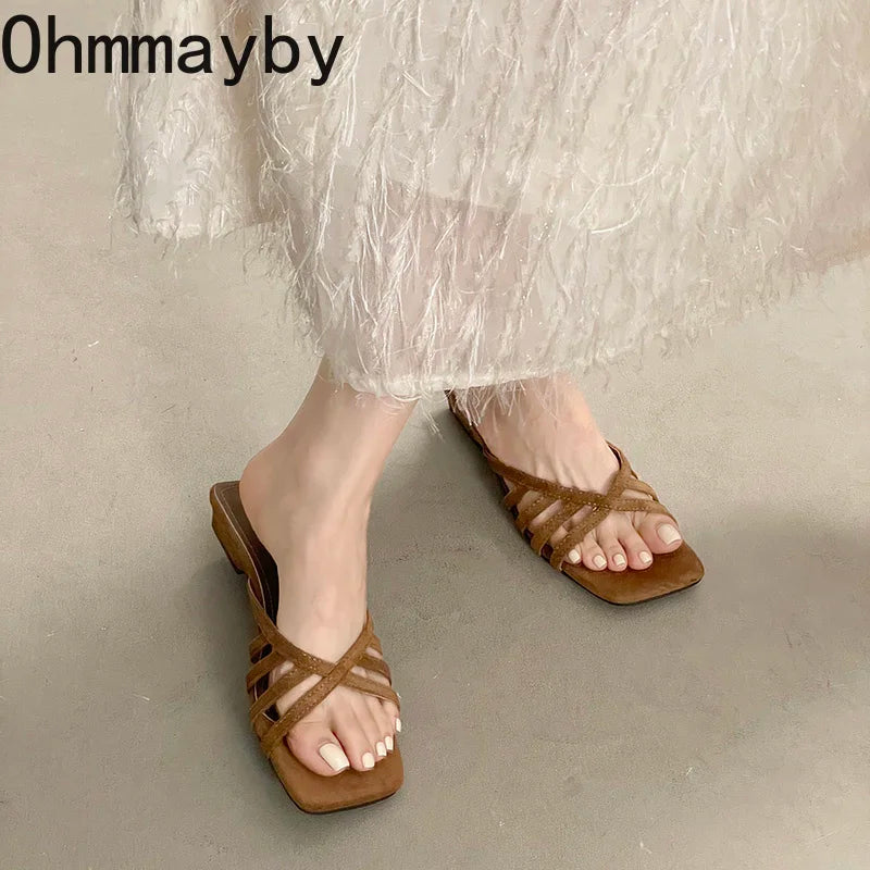 Women's Square Toe Cross Strap Heeled Slides | Summer Sandals Heeled Slide Sandals Axl