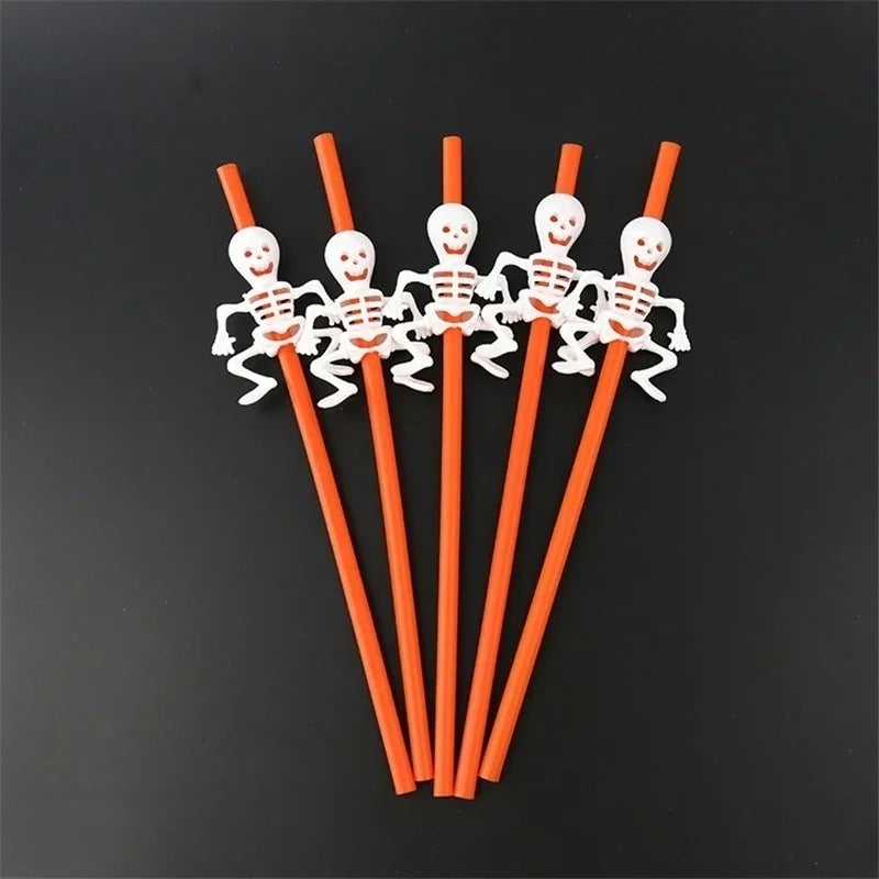 Halloween Skull & Pumpkin Drinking Straws – 5-Pack Party Decor Halloween Party Straws Axl orange and white
