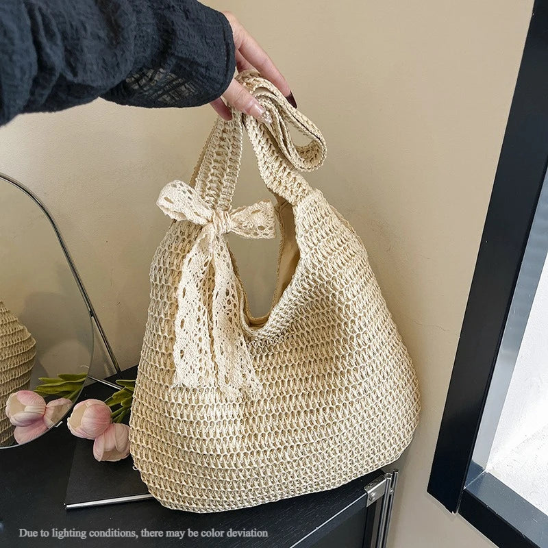 Women's Woven Straw Tote Bag – Large Beach Shoulder Handbag Straw Tote Bag Axl Beige-01-1pcs