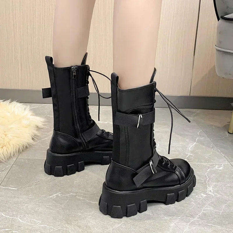 Women's Punk Gothic Mid-Calf Motorcycle Boots – Lace-Up Motorcycle Boots Axl