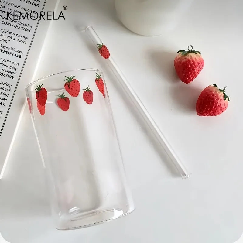 Cute Strawberry Glass Cup with Straw 300ml | KEMORELA Mug Glass Drinkware Axl