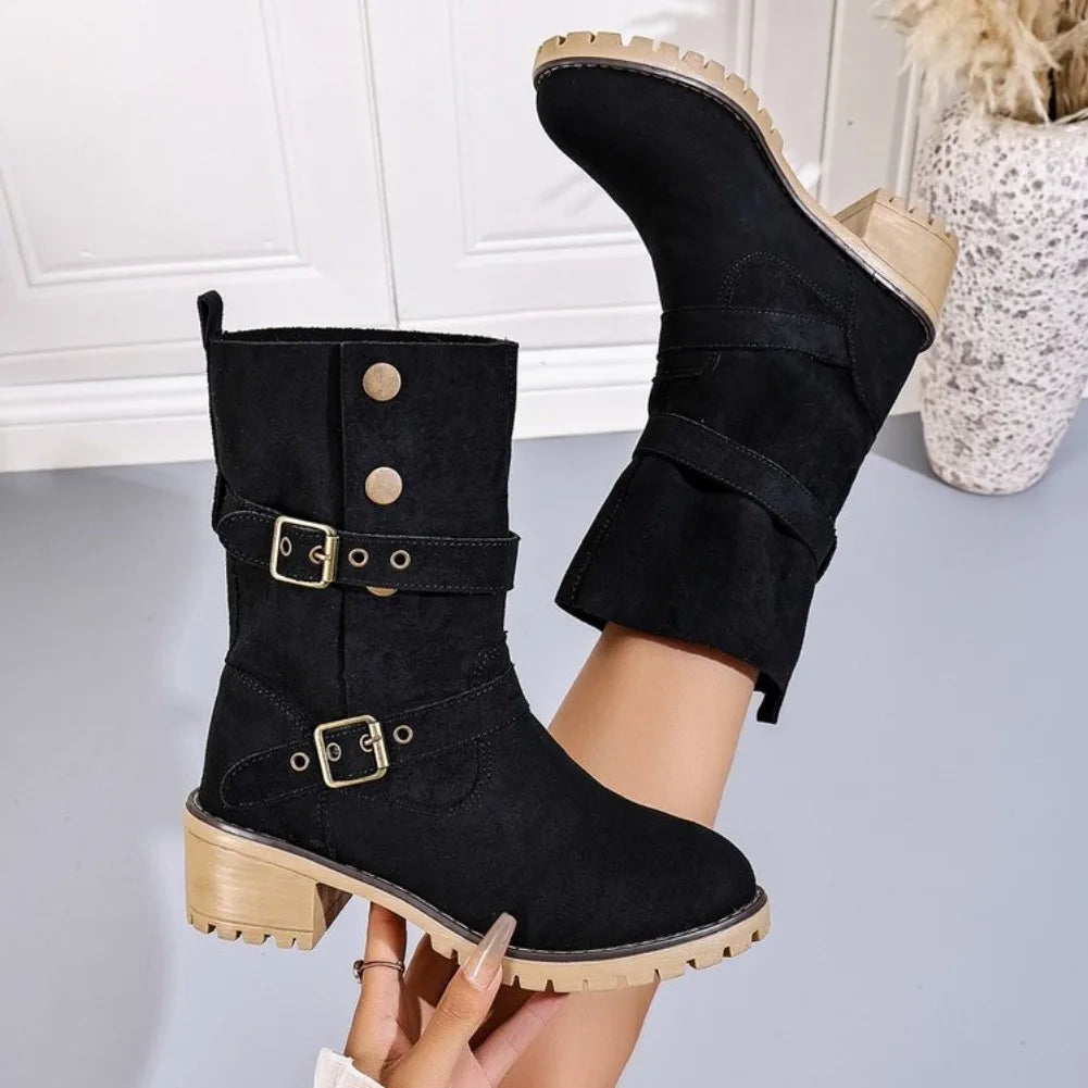 VKJF Women's Vintage Western Mid-Calf Boots | Buckle Slip-On Women's Western Boots Axl