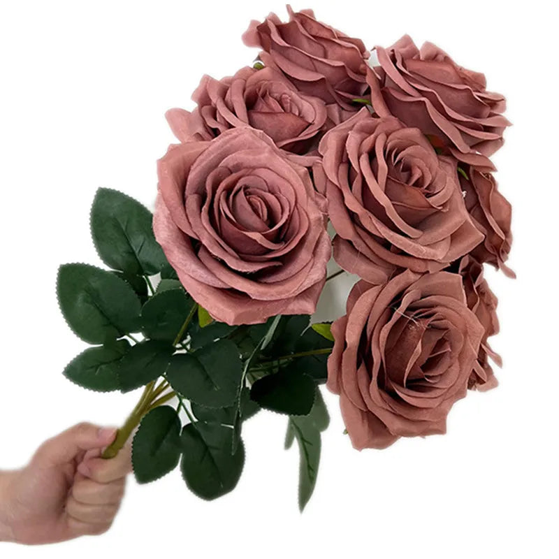 9-Head Faux Silk Rose Bouquet – Wedding & Home Floral Decor Artificial Flower Bouquet Axl dirty pink