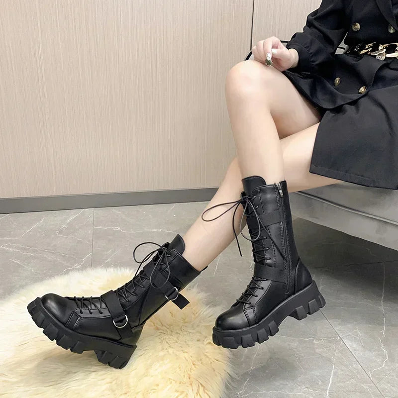 Women's Punk Gothic Mid-Calf Motorcycle Boots – Lace-Up Motorcycle Boots Axl