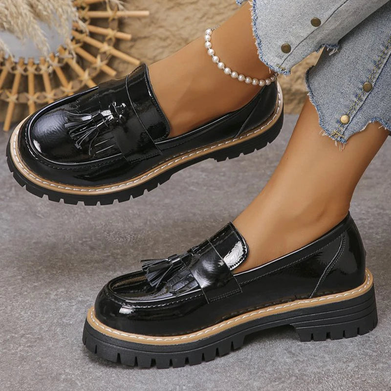 Women's Tassel Loafers – Slip-On Square Heel Flat Shoes Women's Loafer Flats Axl black-liang guang 38
