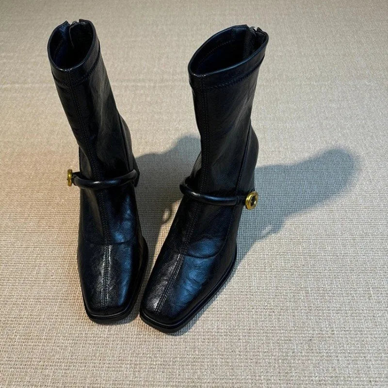Women's Square Toe Block Heel Boots – Vintage Zip Booties Block Heel Boots Axl black 35
