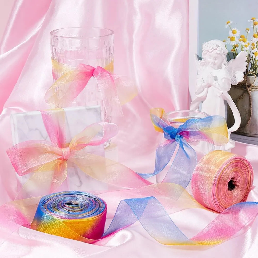 Rainbow Organza Ribbon 2 Rolls – 1 Inch x 50 Yards Sheer Craft Ribbon Axl