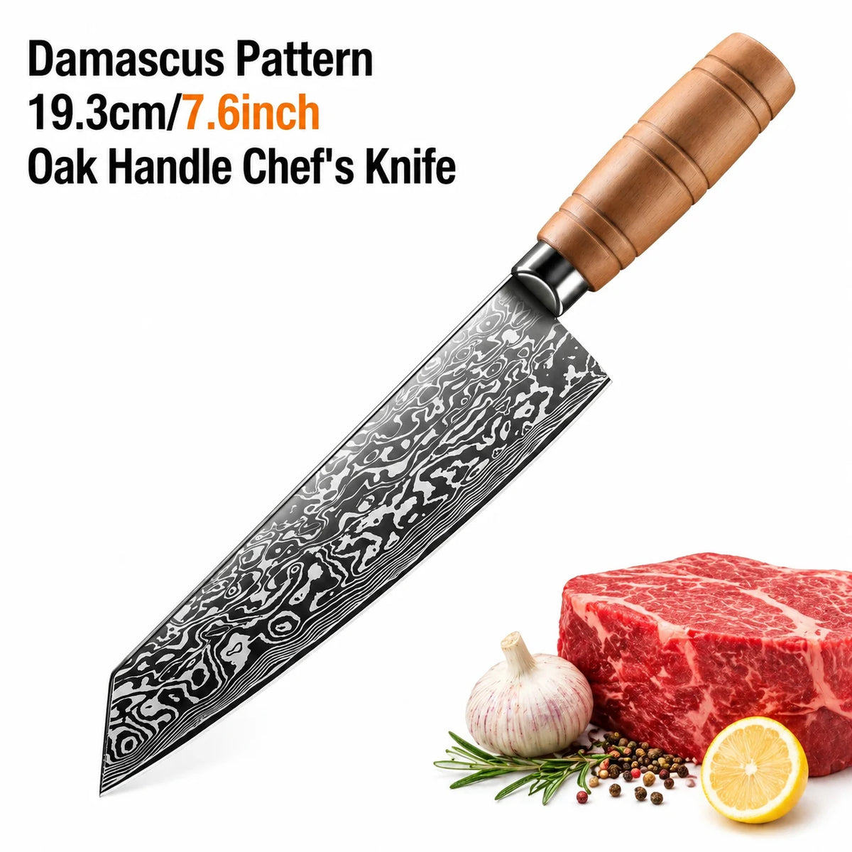 Damascus Santoku Knife – 4Cr13 Steel & Oak Wood Handle Santoku Kitchen Knife Axl Damascus Pattern
