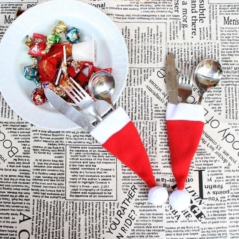 10-Piece Christmas Hat Cutlery Holders & Wine Bottle Covers Christmas Table Decor Axl