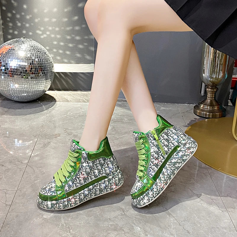 Women's Rhinestone High-Top Sneakers – Thick Sole Lace-Up High-Top Sneakers Axl