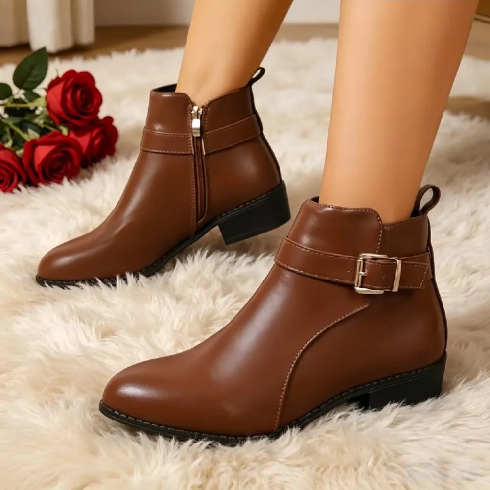 Women's PU Leather Ankle Boots | Side Zipper Square Heel Women's Ankle Boots Axl