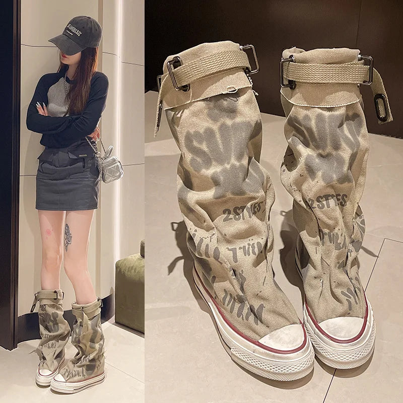 Women's Canvas Flat Cowboy Boots – Knee-High Slip-On Punk Style Knee-High Boots Axl
