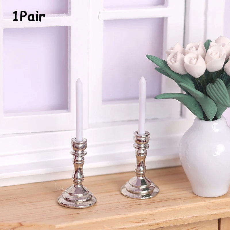 1:12 Dollhouse Miniature Candle Holder Candlestick Pair Dollhouse Accessory Axl Silver