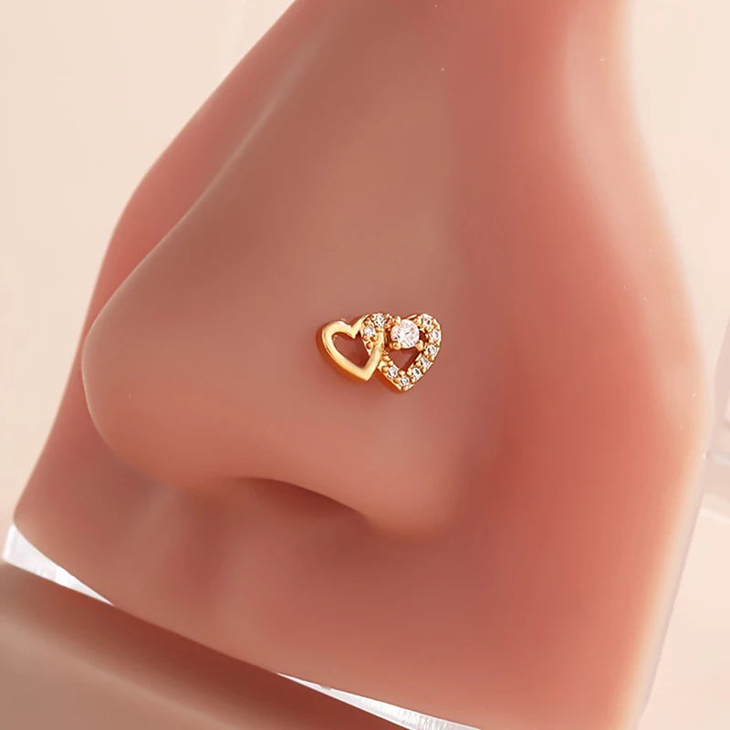 L-Shape Double Heart Zircon Nose Stud Ring – Body Jewelry Body Jewelry Axl A1 Surface and Dermal Nose Rings & Studs
