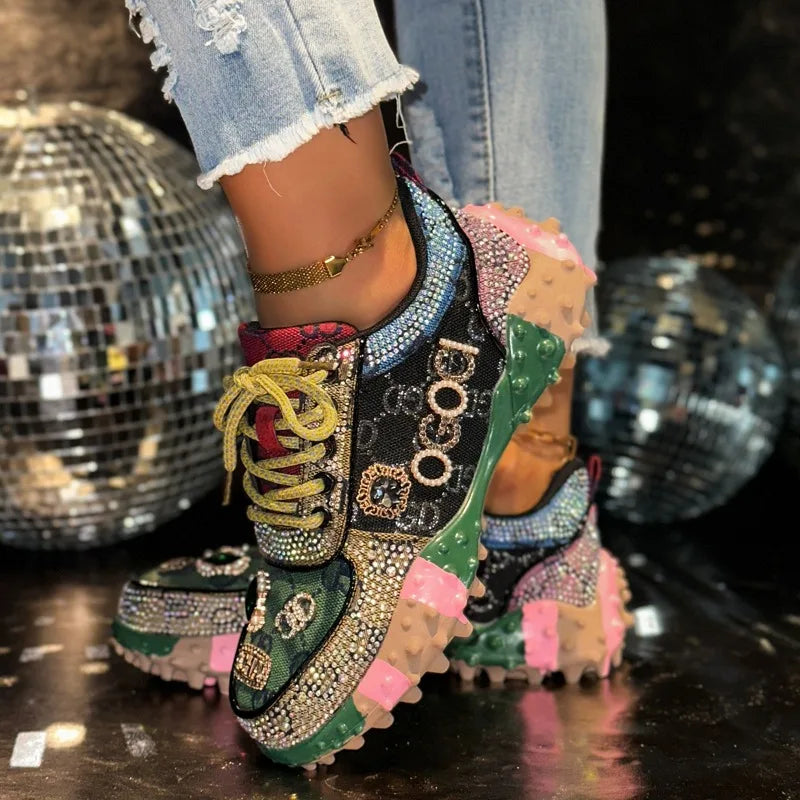 YEAE Women's Rhinestone Diamond Platform Sneakers | Luxury Casual Platform Sneakers Axl