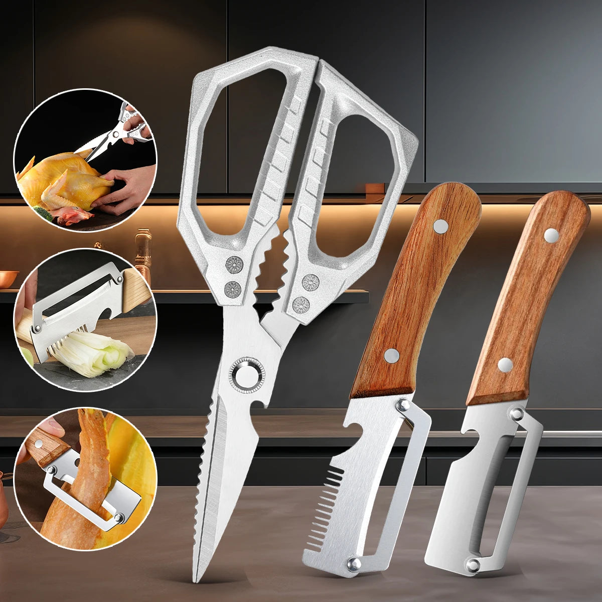 Stainless Steel Kitchen Tool Set – Peeler, Shears & Slicer Kitchen Tool Set Axl 3PCS A