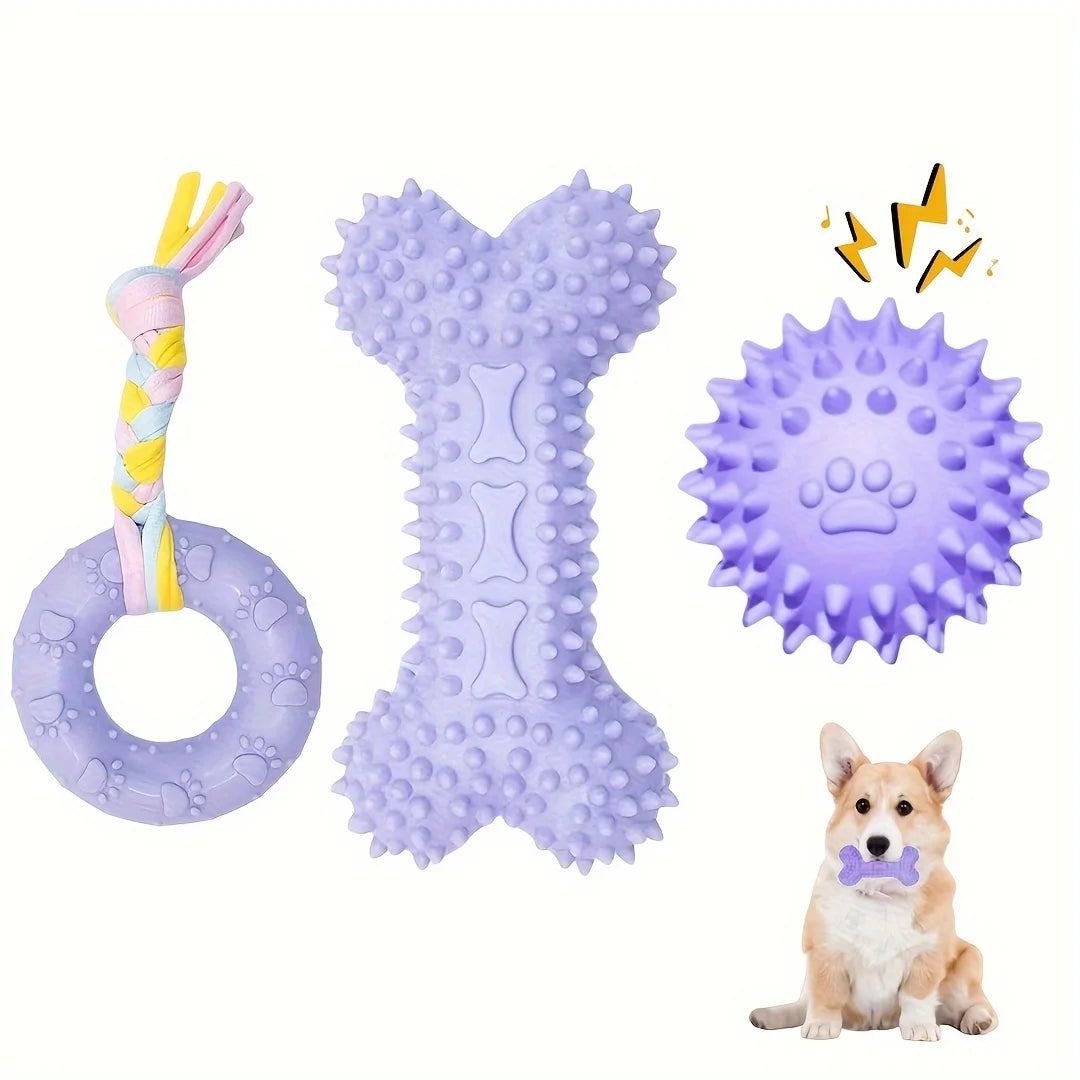 KEMORELA 3-Pack Puppy Chew Toys – Soft Rubber Teething Bones Puppy Chew Toys Axl Purple 3PCS