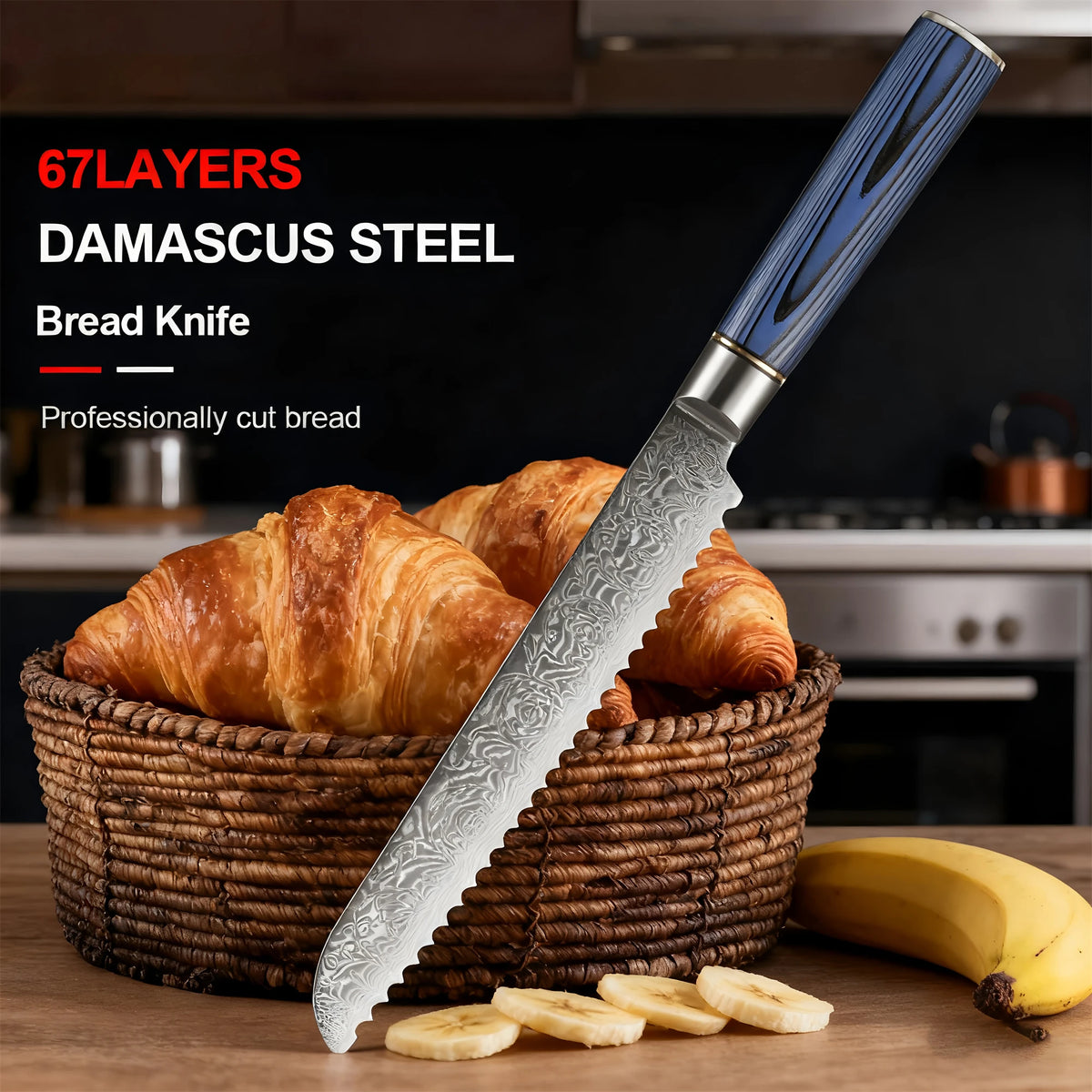 67-Layer Damascus Steel Serrated Bread Knife – Ergonomic Serrated Bread Knife Axl