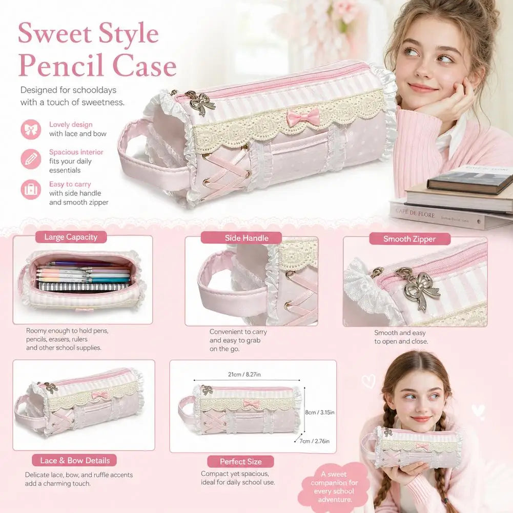 Pink Lace Pencil Case – Large Capacity Kawaii Pen Bag Pencil Case Axl