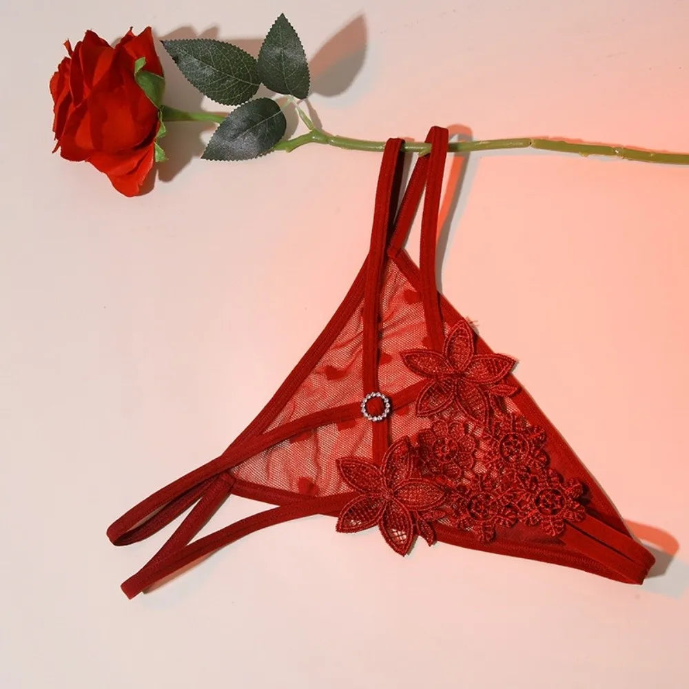 Women's Low Rise Floral Embroidery Thong – Lace Bikini Brief Thong Panties Axl Dark Red One Size 1pc