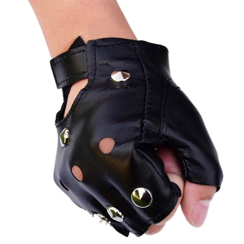 Black Leather Fingerless Gloves – Rivet Stud Half Finger Fingerless Fashion Gloves Axl