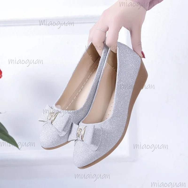 Women's Sequin Bow Wedge Pumps – Elegant Slip-On Dress Shoes Wedge Dress Pumps Axl